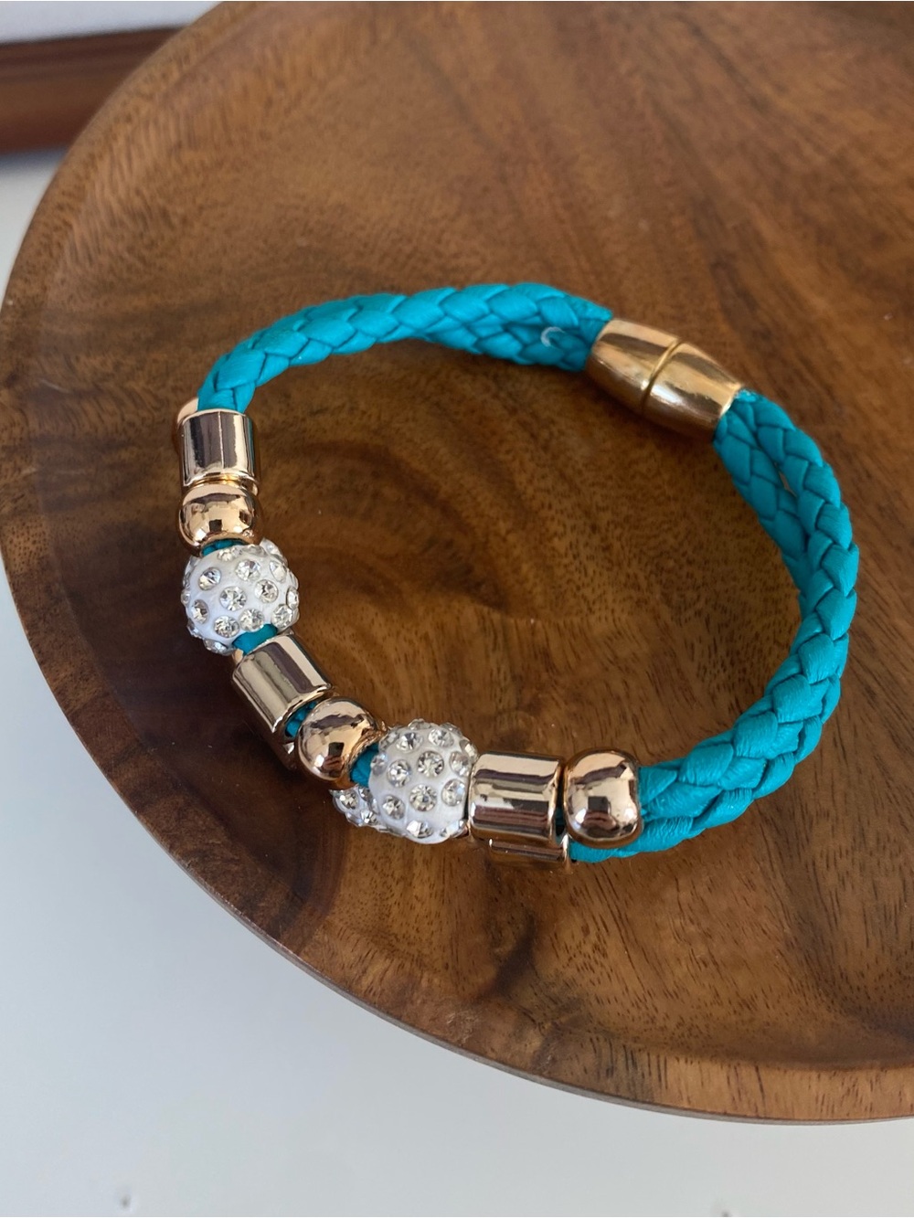 4/$15 Teal Braided Leather Crystal Bead Bracelet